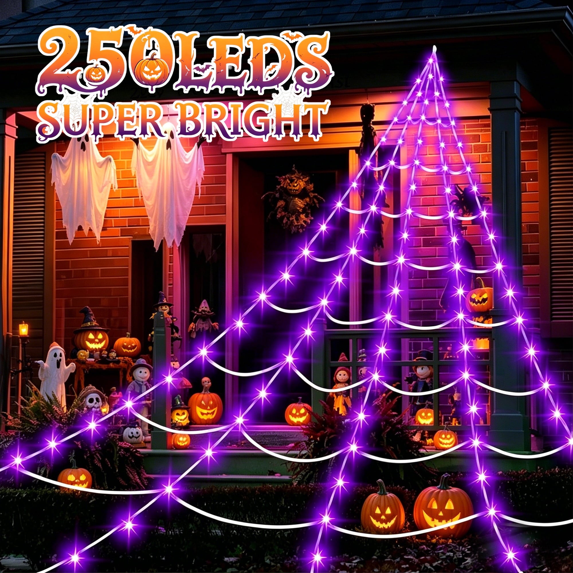 DAYBETTER Halloween Spider Web Lights, 5FT Giant Spider, 250 LED Holiday Lights, Remote Control Waterproof for Indoor Outdoor Yard Party Halloween Decorations (Purple & Orange)