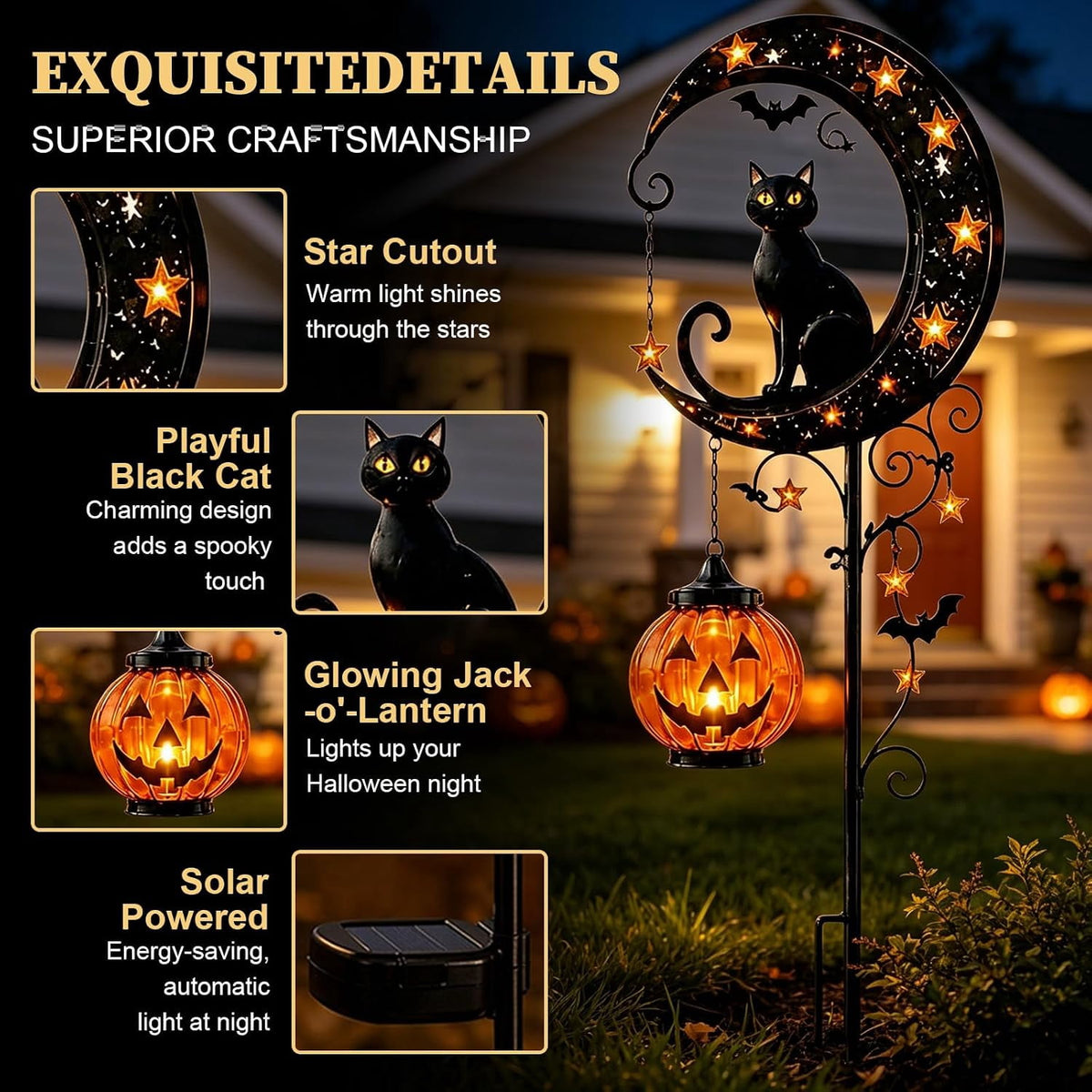 Solar Halloween Black Cat & Pumpkin Moon Garden Stake Light | Waterproof Metal Black Cat Yard Ornament, Auto On Off Solar Outdoor Light, Fall Halloween Decor Stake for Lawn Patio Pathway