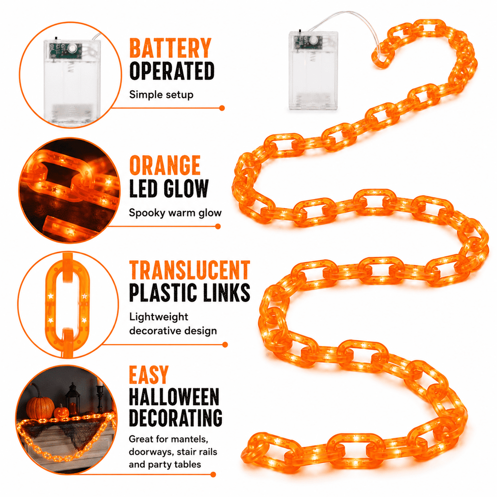 DAKIMOE Halloween Decoration Chain String Lights Orange Light Up Plastic Chain Decoration 10FT Long Glowing Link Chain for Haunted House Party Porch Yard Door Indoor Outdoor Halloween Decor