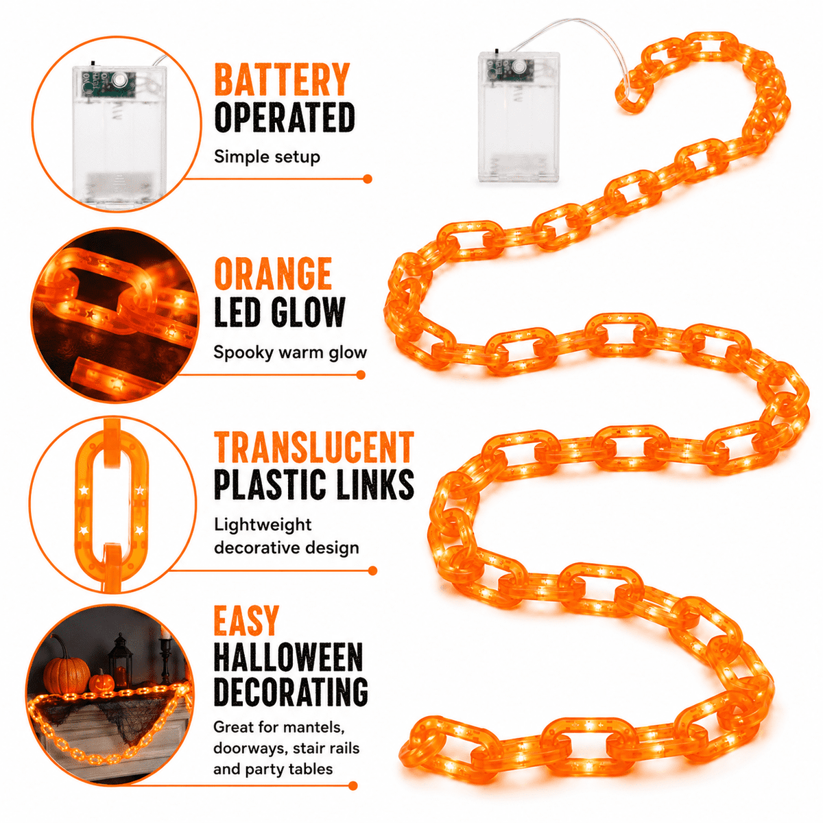 DAKIMOE Halloween Decoration Chain String Lights Orange Light Up Plastic Chain Decoration 10FT Long Glowing Link Chain for Haunted House Party Porch Yard Door Indoor Outdoor Halloween Decor