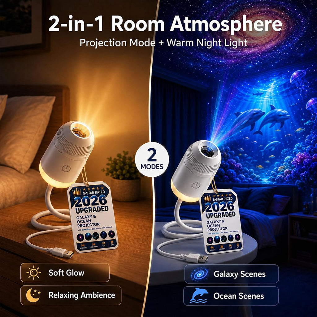 2026 New Upgraded 4K Smart Dynamic 5D Holographic Night Light Projector, 2-in-1 Galaxy & Ocean Star Ceiling Projector with 24 HD Films, 360° Flexible USB Powered Lamp for Bedroom Decor & Car GIft