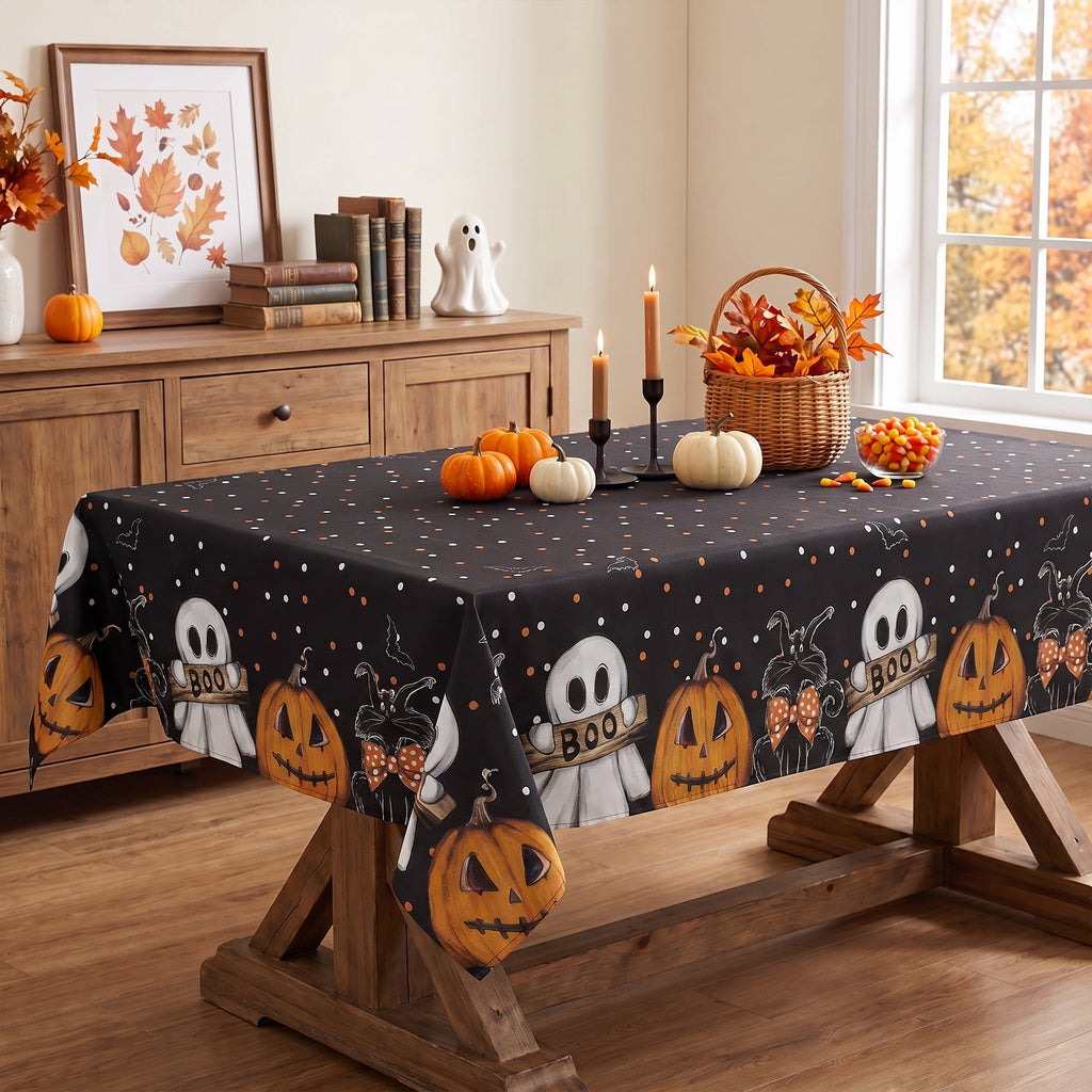 Sm:)e Ghost Cat Jack-O-Lantern Pumpkin Black Halloween Tablecloth 60 x 84 Inch, Wrinkle-Resistant & Machine Washable Table Cover for Dining Decor, Rectangle