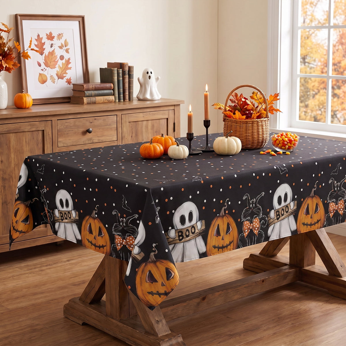 Sm:)e Ghost Cat Jack-O-Lantern Pumpkin Black Halloween Tablecloth 60 x 84 Inch, Wrinkle-Resistant & Machine Washable Table Cover for Dining Decor, Rectangle