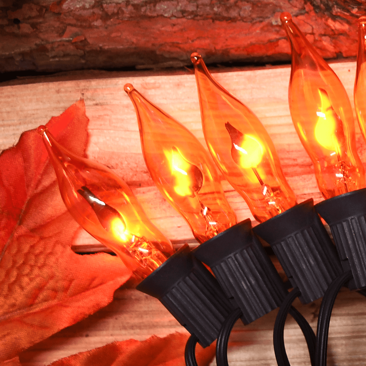 Halloween Lights Flickering Flame String Lights with 12 Pack C7 Orange Flame Light Bulbs (2 Spare), 12.8Ft Orange Flame String Lights for Indoor Outdoor Home Party Yard Halloween Decorations