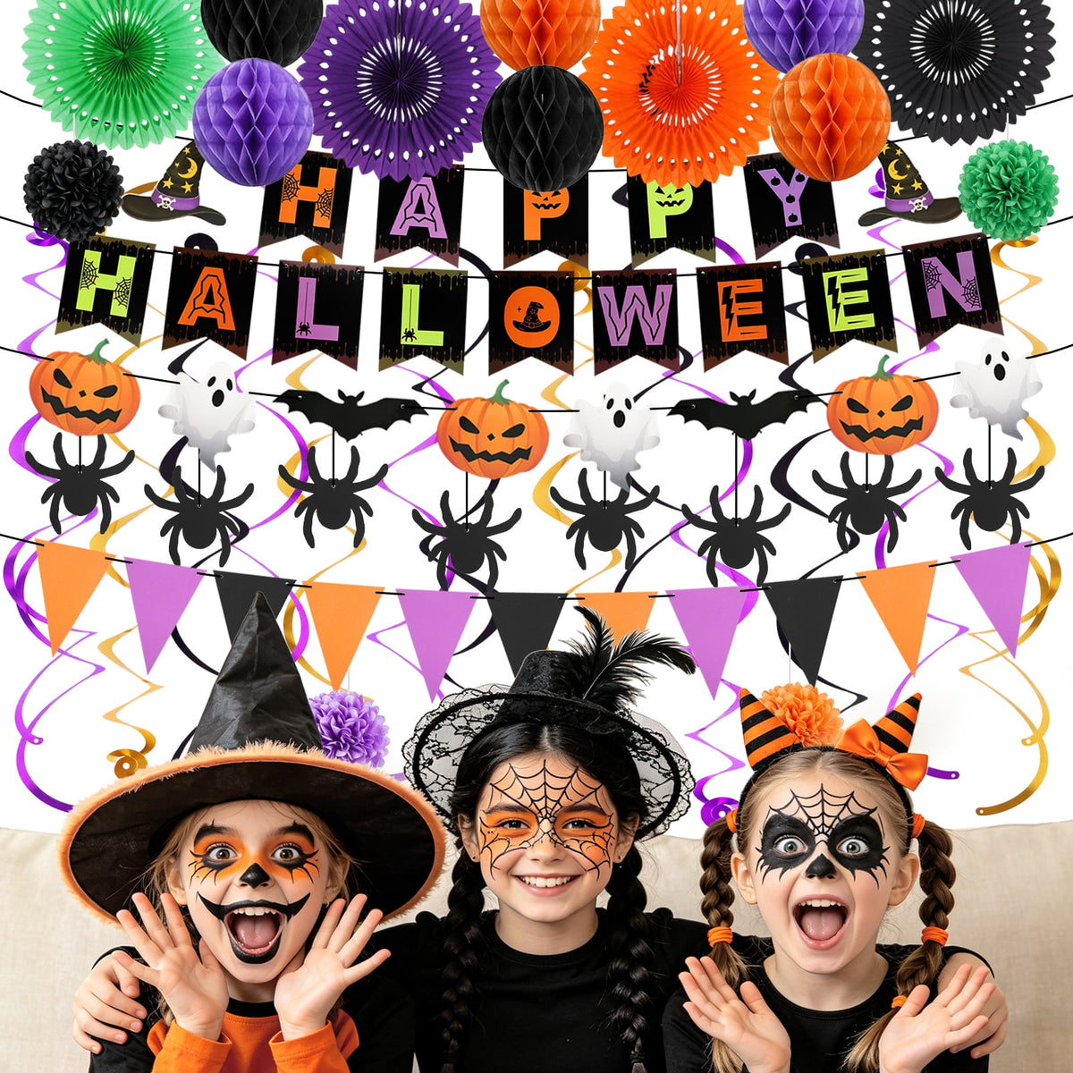 KORALAKIRI Halloween Party Decorations Happy Halloween Banner Honeycomb Balls Paper Fans Hanging Swirls Triangle Garland for Indoor Home Office Class School Party Supplies