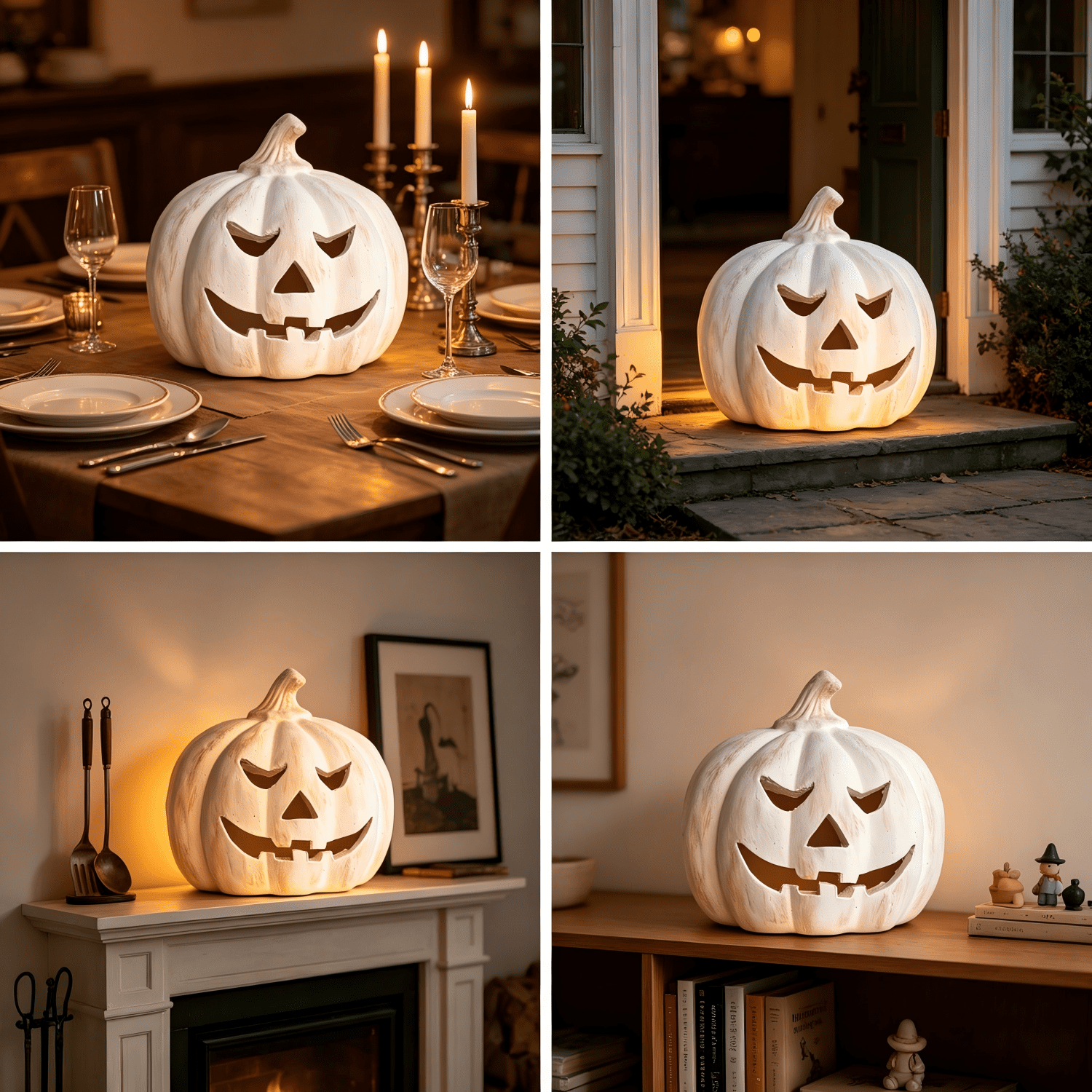 Fall Decor - Halloween Decorations - 5.9"H White Handmade Resin Pumpkin Jack O' Lantern with Flameless Candle - Outdoor Indoor Autumn Decoration for Table Centerpieces Porch Room Front Door