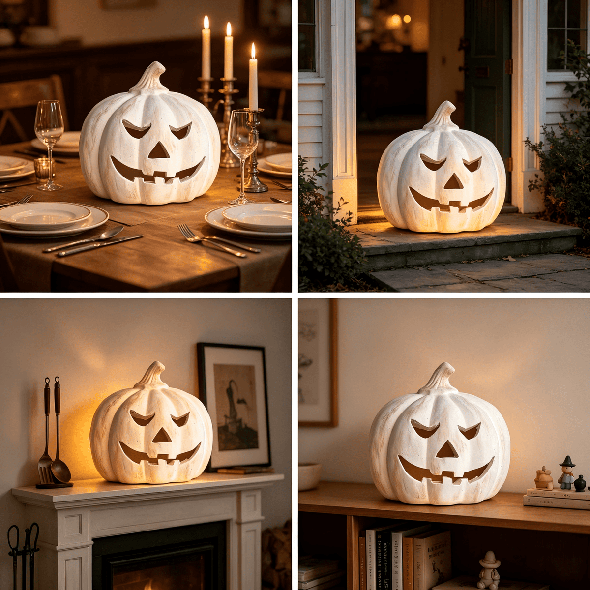 Fall Decorations for Home - Halloween Decor Indoor - 7.87" H White Handmade Resin Pumpkin Jack O' Lantern with Flameless Candle - Outdoor Decoration for Front Door Porch Mantel Kitchen Living Room