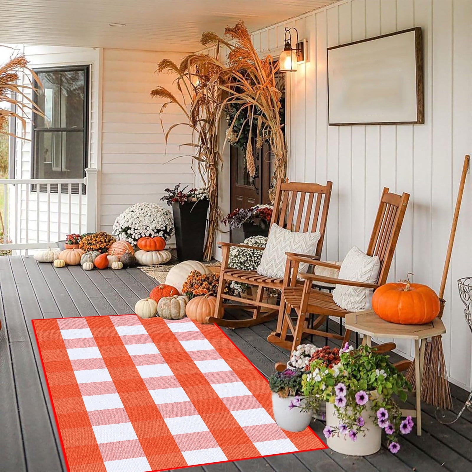 Halloween Fall Outdoor Rug Plaid Rug Foldable Floor Mat for Thanksgiving Front Door Front Porch Farmhouse Entryway Patio Decoration
