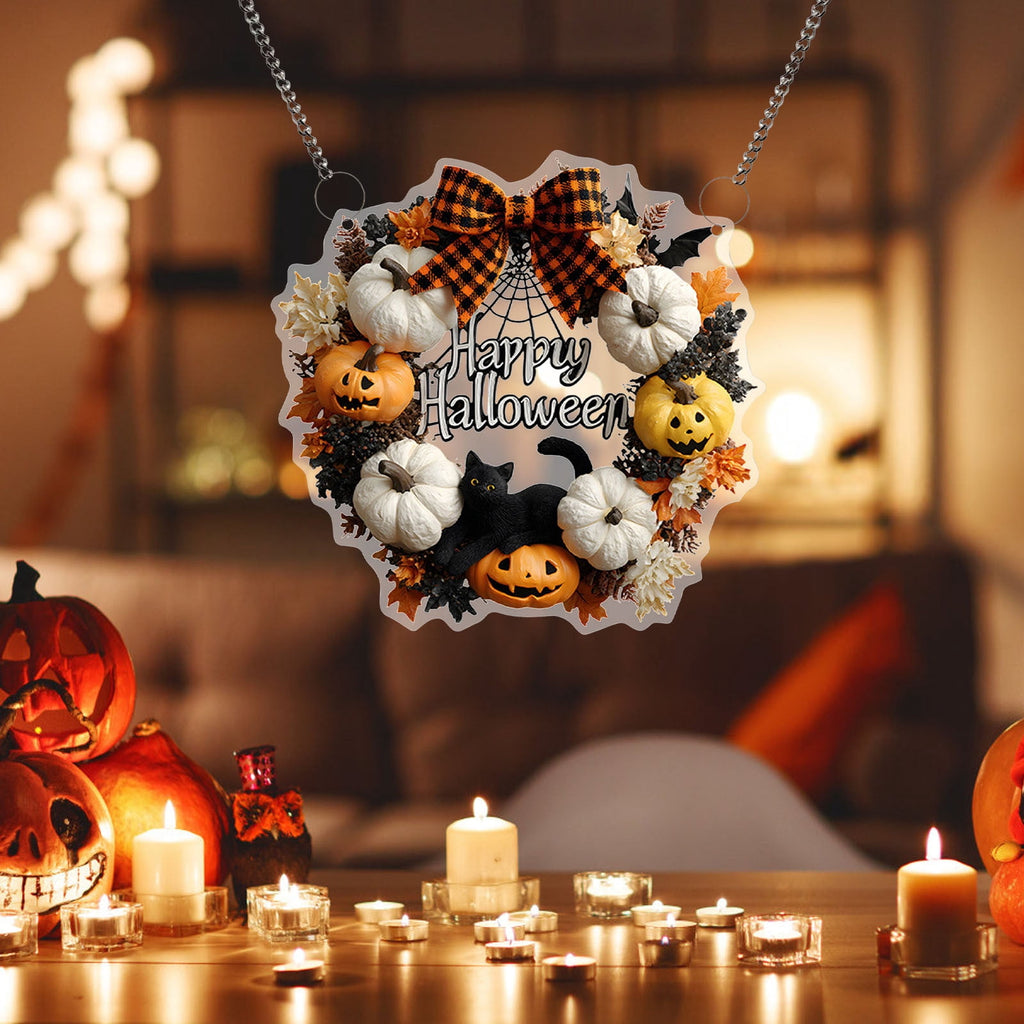 Btomtd Diameter 8" Pumpkin Skull Wreath Halloween Decor Acrylic Round Disk Hanging Ornament with Garland for Front Door Window, A