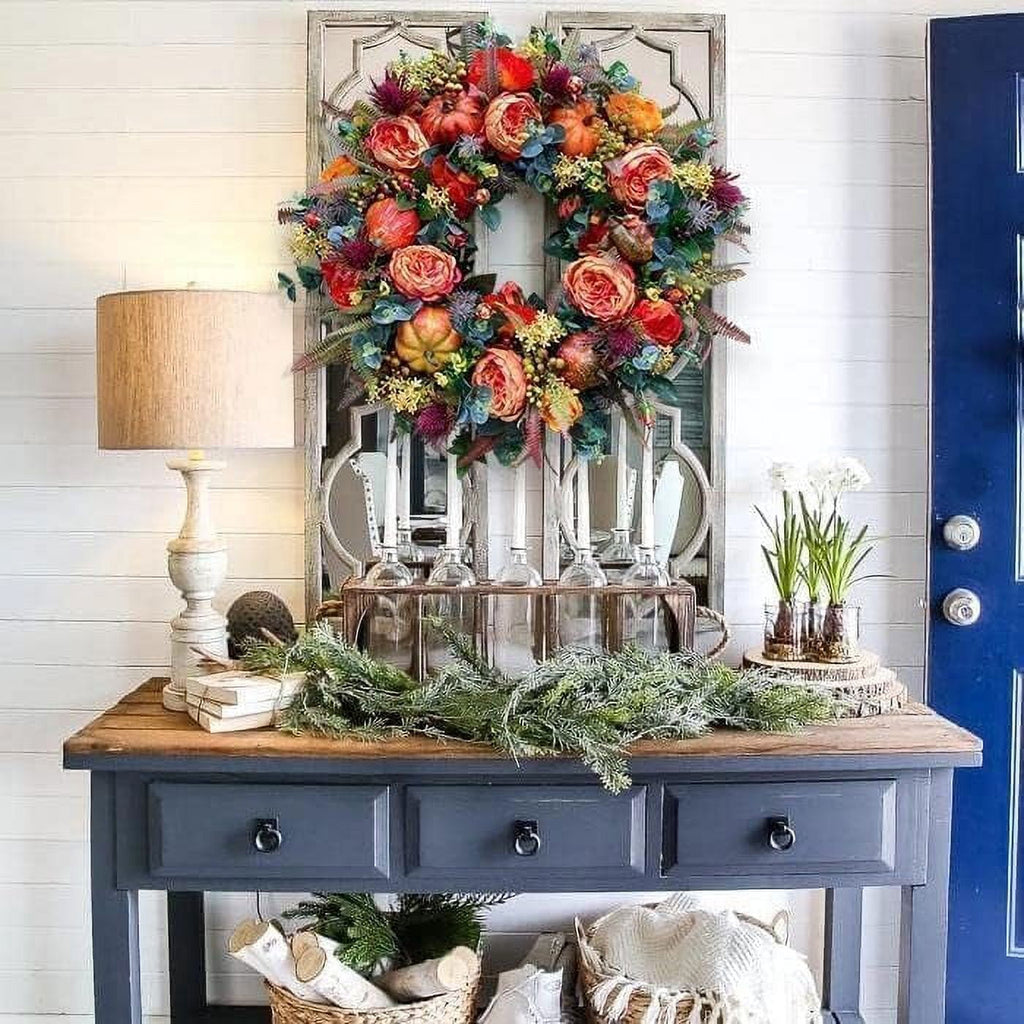 Artificial Fall Wreaths for Front Door Rustic Autumn Wreath with Pumpkin,Rose,Berry Branchesm,Mixed Leaves Thanksgiving Wreath Fall Door Wreath for Halloween Thanksgiving Indoor Outdoor Decor (B17.7)