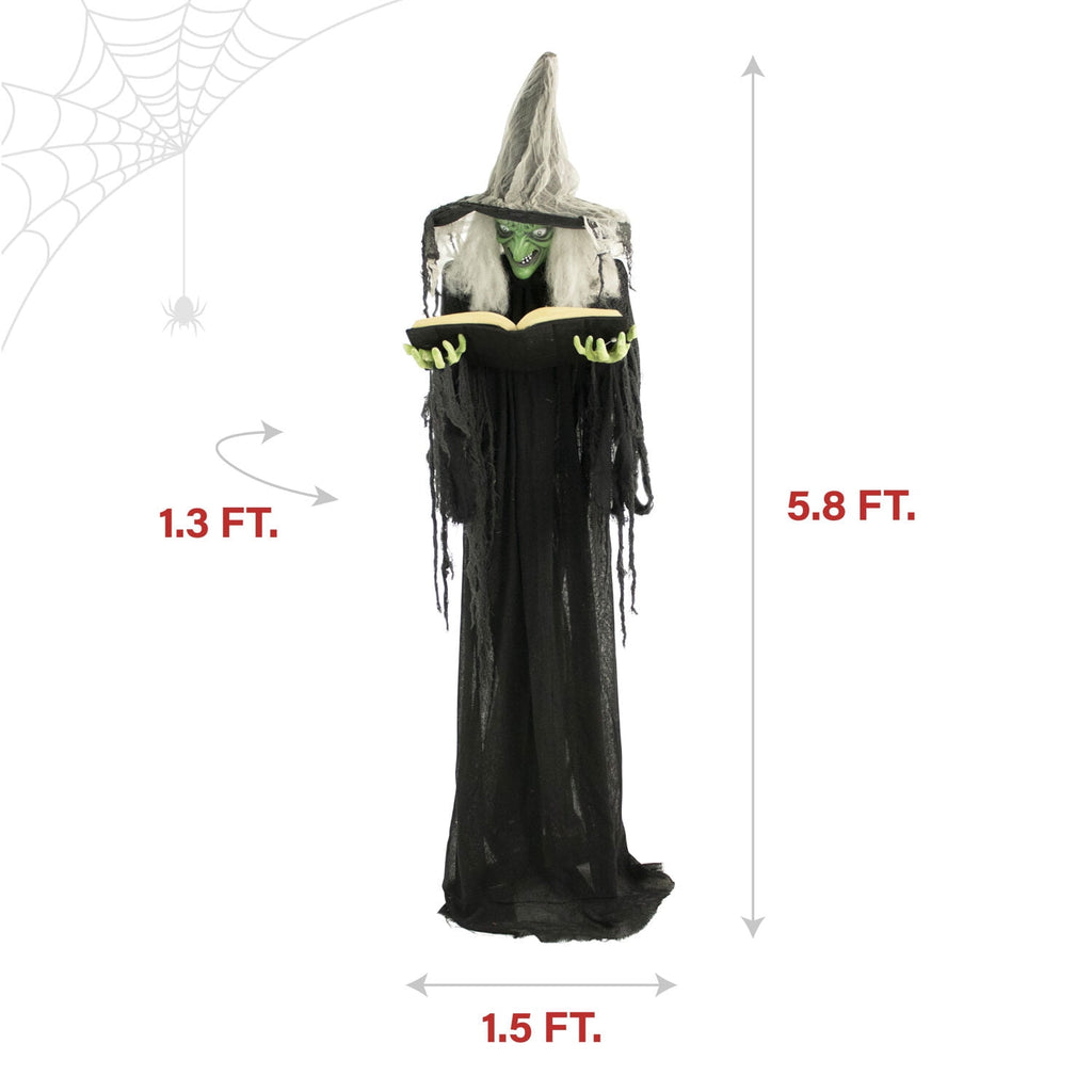 Haunted Hill Farm 5.5 ft Poseable Witch with Spell Book, Lights and Sound, Indoor/Covered Outdoor Halloween Decoration, HHWITCH-9FLS