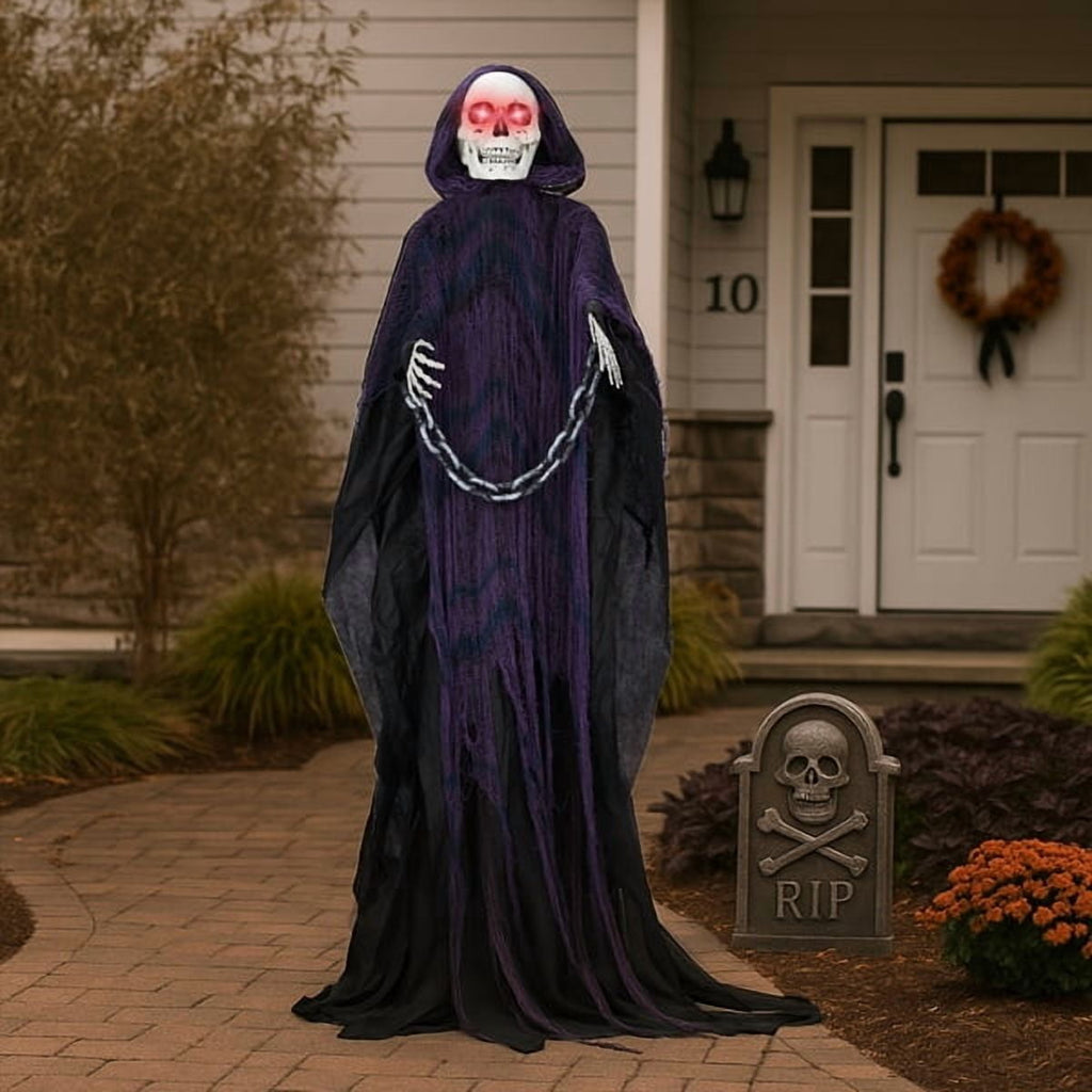 Alvantor Halloween Animated Decorations - 6 FT Sound-Activated Animatronic Grim Reaper with Chain, Moving Head and Hands, Red LED Eyes