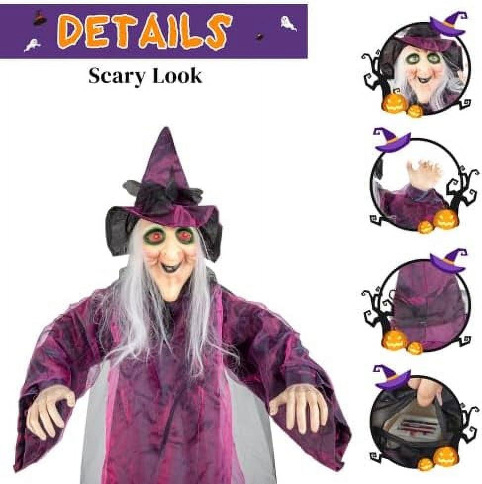 VINGLI Life Size Animated Talking Witch Halloween Decorations Outside Animatronics Hanging Witch Decor with Spooky Voice Red Lighted Eyes for Outdoor Indoor Party Haunted House Garden 5.9FT