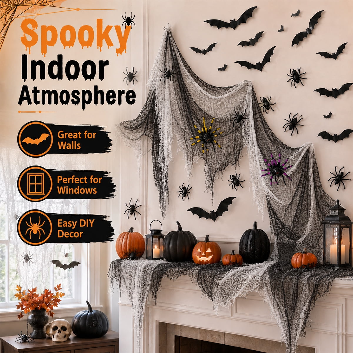 Halloween Creepy Cloth Halloween Gauz Scary Decoration with Bats Spiders Fabric Hanging Spooky Stuff for Indoor Outdoor Home Wall Haunted House Party Supplies 88Pcs Set 1