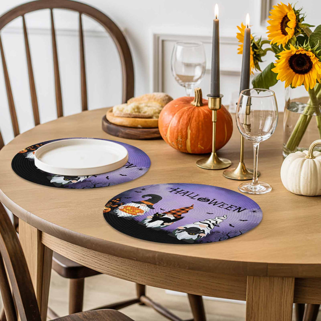 Halloween Round Placemats Set of 4 Gnomes Pumpkin Place Mats Washable Woven Placemat Black Cat Bat Castle Purple Circle Braided Table Mat for Kitchen Dining Table Holiday Party Home Decor 15 Inch