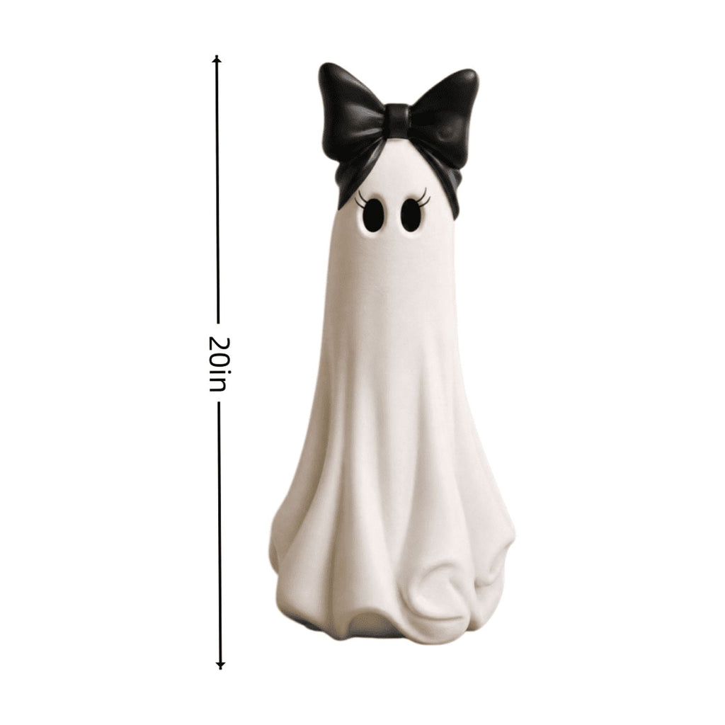 Clearance Halloween Ghost Resin Figurine with Black Cat & Pumpkin Candy Bowl 10“- Cute Spooky Tabletop Decor for Home Mantel, Shelf, and Indoor Fall Display