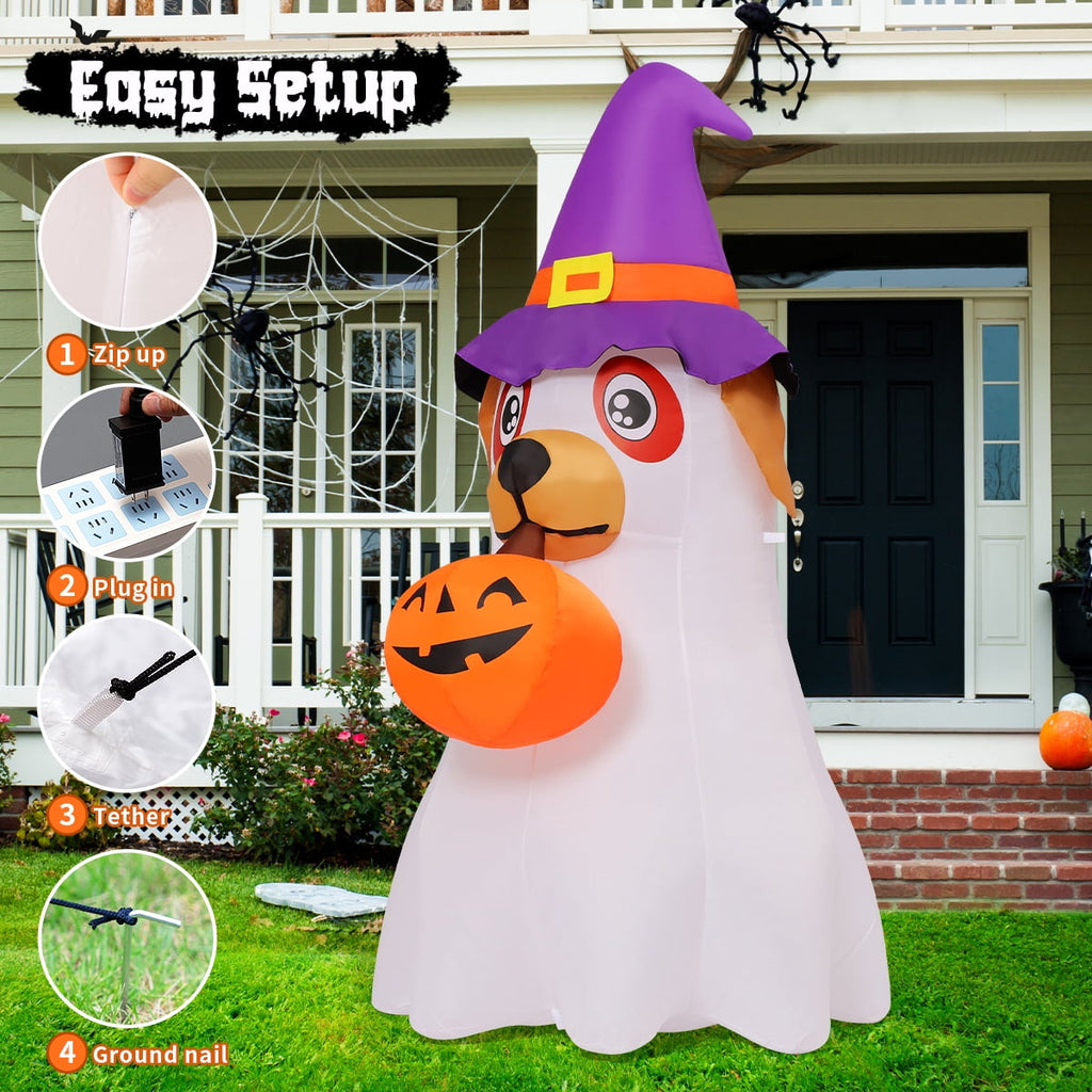 GOOSH Halloween Inflatables 6 FT Inflatable Ghost Dog with Pumpkin in Mouth & Witch Hat, Halloween Ghost Dog Inflatables with LED Lights, Outdoor Halloween Decorations for Halloween Holiday Party