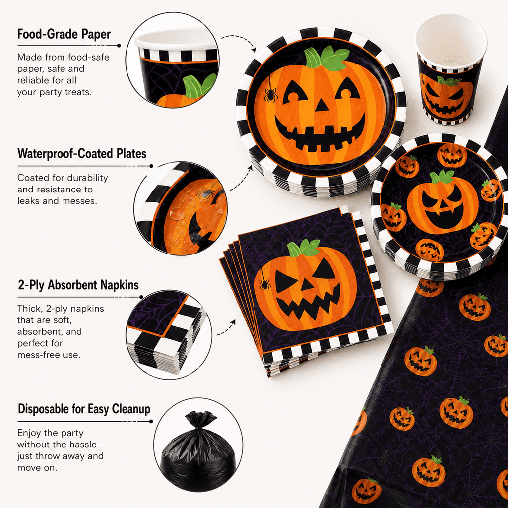 Halloween Paper Plates for Halloween Party Decoration Disposable Cups Napkins Table Cover for Halloween Banner Birthday Party Supplies Serve 20 Design 3