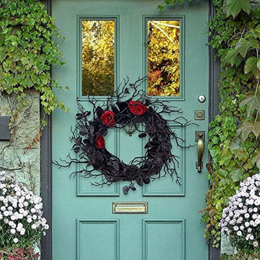 Black Halloween Door-Wreath with Red Rose Wreath for Front Door Black Wreath for Gothic Halloween Home Decor