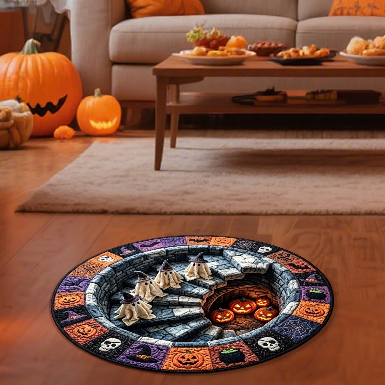 Halloween Round Rug Optical Ghost Pumpkin Mat 15.75in Diameter Polyester Skidproof & Soft for Entryway Bedroom Party by MPOISVA
