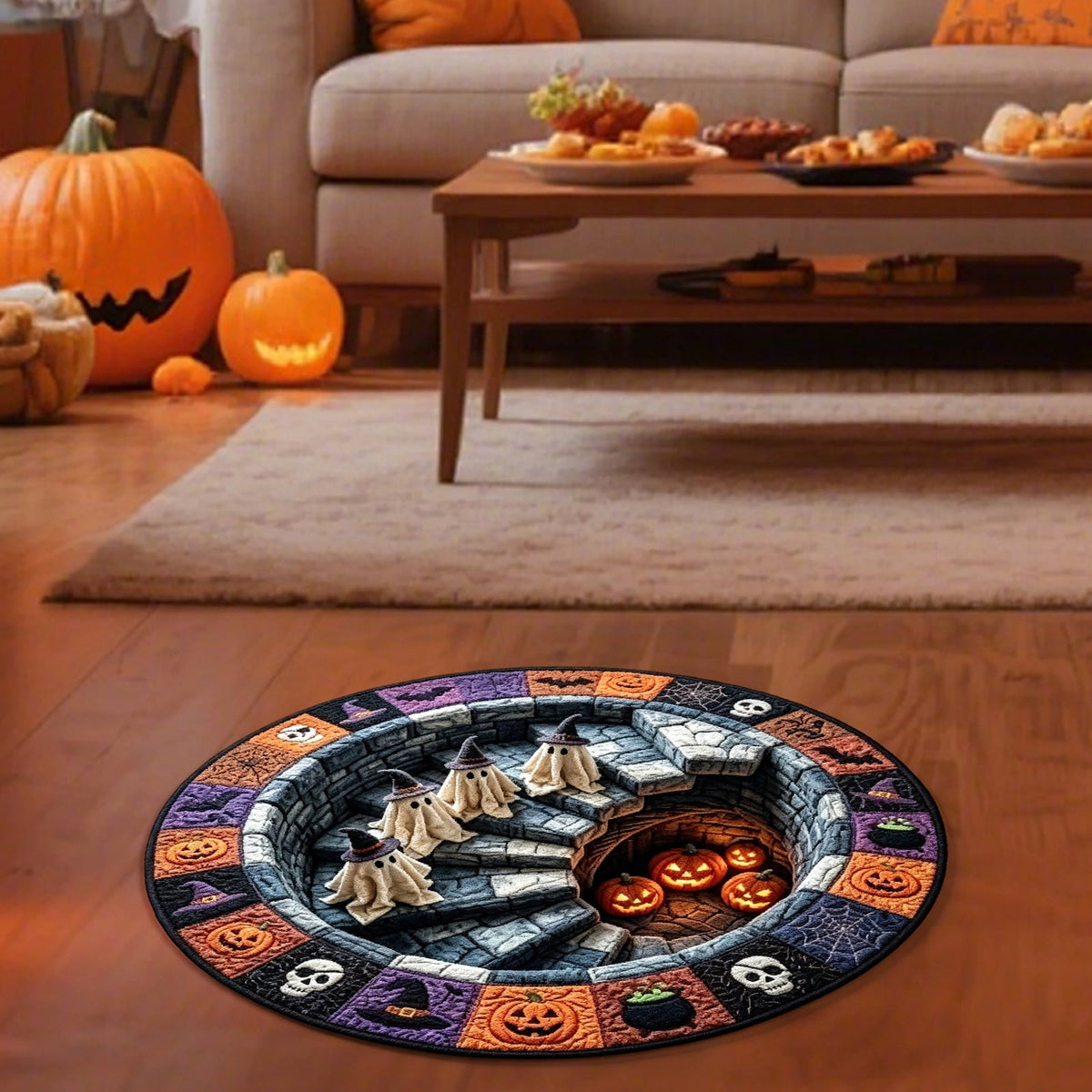 Halloween Round Rug 50cm Optical Illusion, Spooky Ghost Pumpkin Skull Mat, Non-Slip Entryway Bedroom Doormat for Home Party Floor Decor