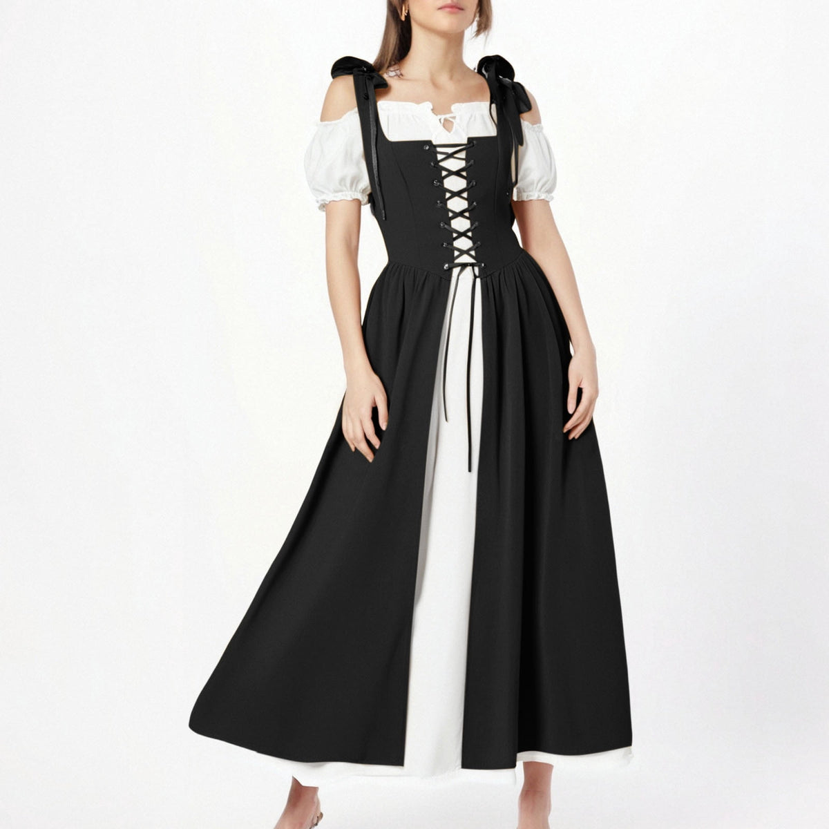 QATAINLAV Renaissance Costume Women Vintage Medieval Dress Cold Shoulder Short Sleeve Peasant Pirate Irish Maxi Dresses, Black, L