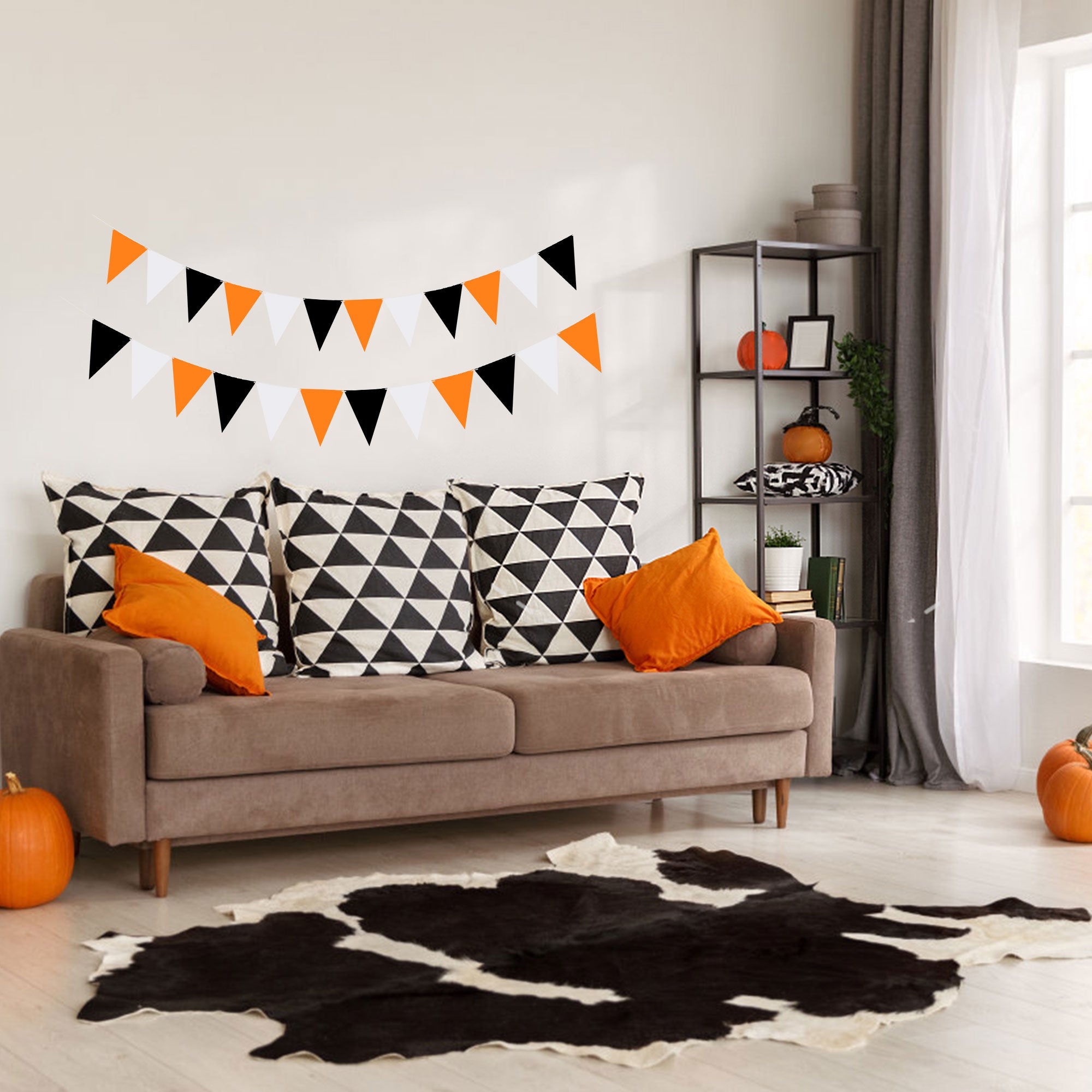 Tripumer 120 Pcs Triangle Flag Banner String for Halloween Decorations 164ft Birthday Hanging Flag for Birthday Party Mardi Gras Outdoor Event Decorations - Black+White+Orange