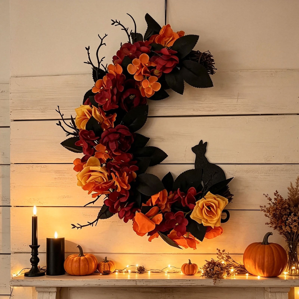 Gcvizuso Halloween Crescent Floral Wreath, Orange Red Rose Hydrangea Fall Front Door Decor for Autumn Harvest Celebration