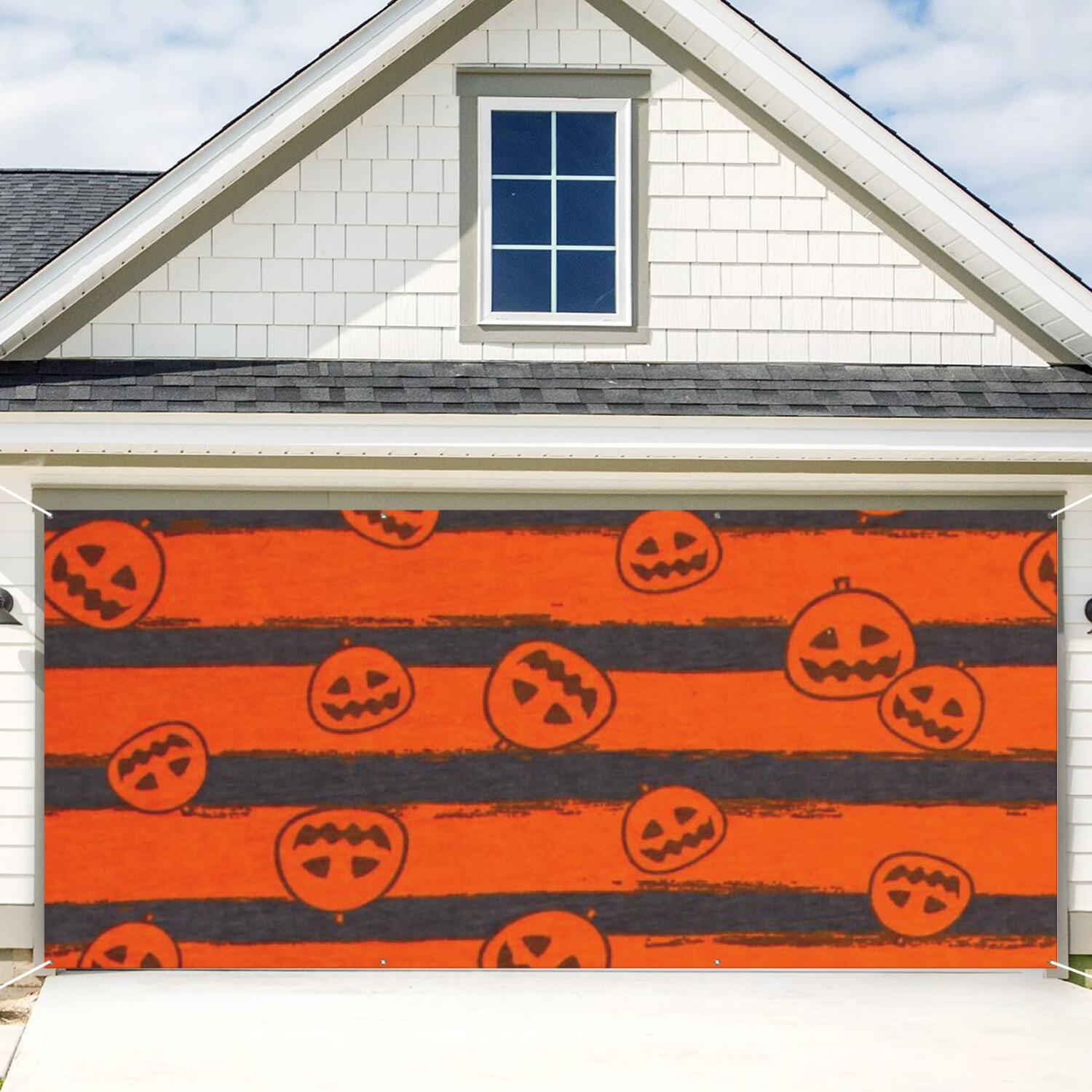 Halloween Garage Door Cover - 13x6ft Spooky Ghost Pumpkin Skull Witch Black Cat Polyester Backdrop for Outdoor Decor