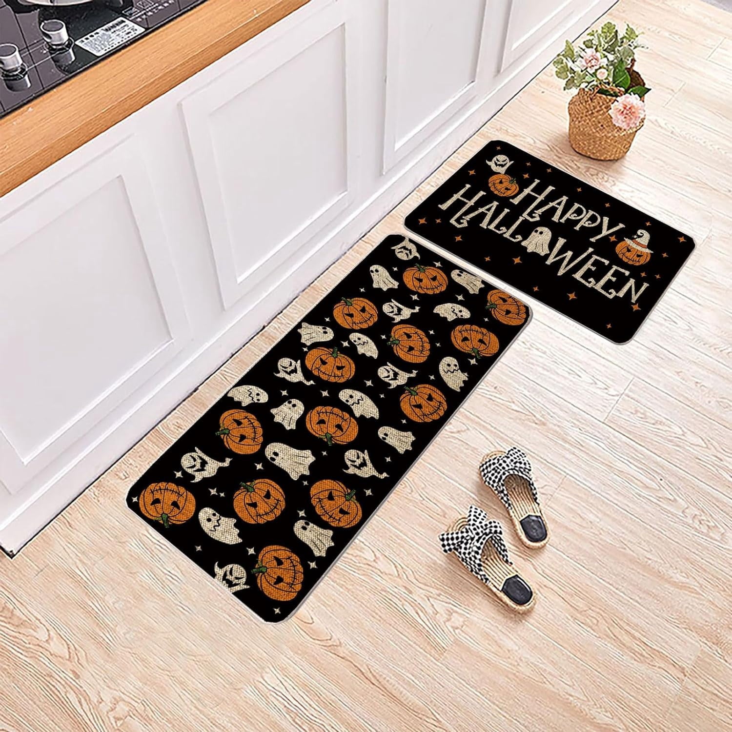 2 Pack Halloween Kitchen Mats Witches Rugs Gothic Kitchen Decor Farmhouse Halloween Doormat Outdoor Vintage Non-Slip Floor Mats Retro Halloween Rugs Decor for Home Kitchen Party (Gothic)