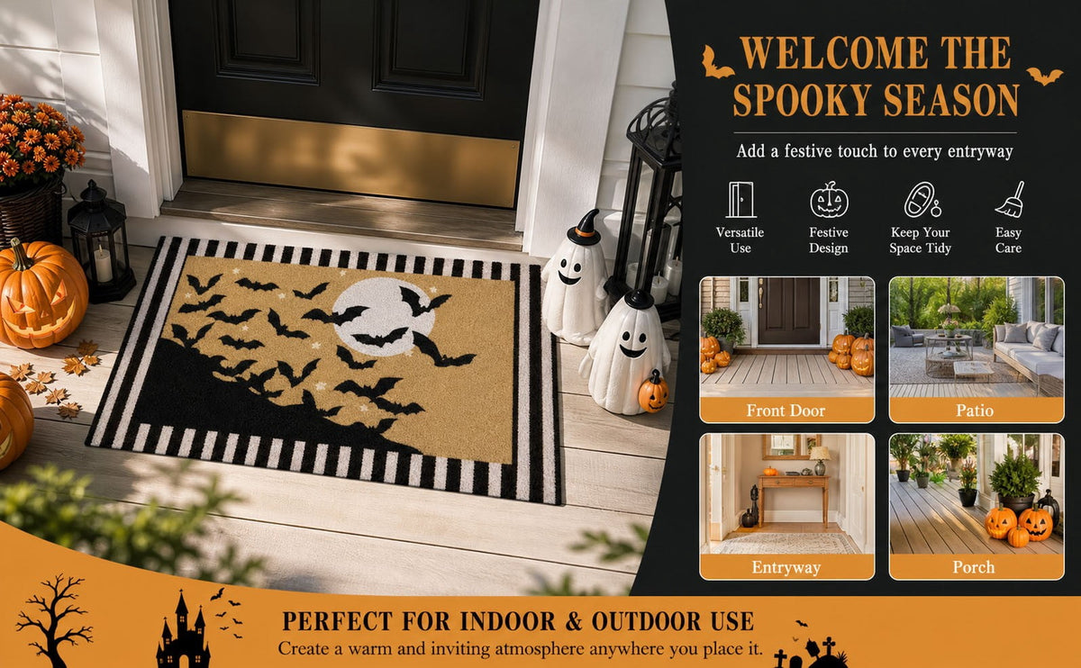 Dpityserensio Halloween Doormat Black Bat and Moon with Striped Border Non-Slip Washable Indoor Outdoor Rug, Vintage Fall Decor