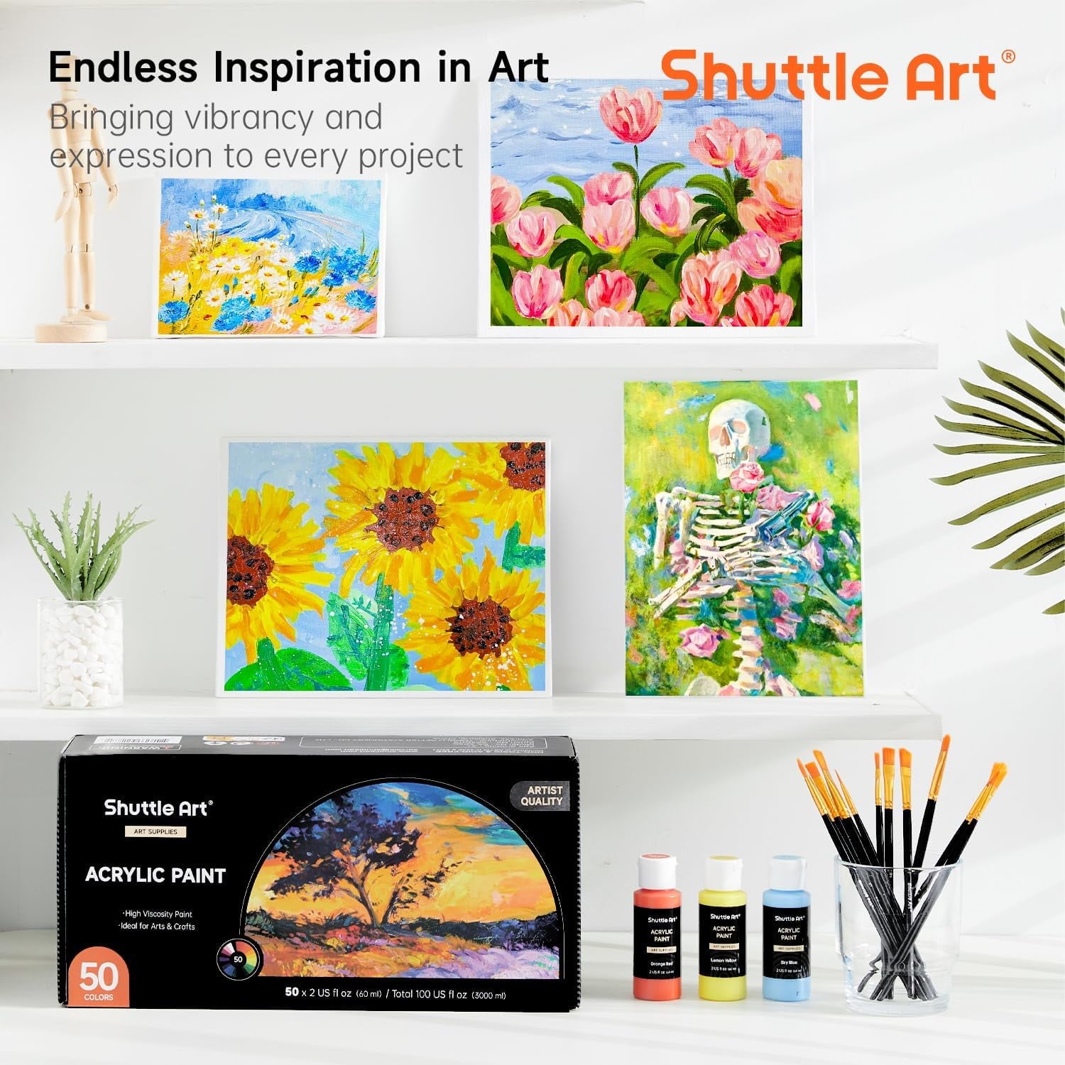 Acrylic Paint, Shuttle Art 50 Colors Acrylic Paint Set, 2oz/60ml Bottles, Rich Pigmented, Water Proof, Acrylic Paints for Artists, Beginners on Canvas Rocks Wood Ceramic Fabric