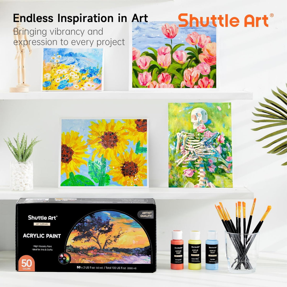Shuttle Art Acrylic Paint Set, 36 Colors Acrylic Paint with Brushes & Palette, 2oz Bottles, Rich Pigments Non-toxic Paint for Artists Adults, Art Supplies for Canvas Rock Ceramic Wood Painting
