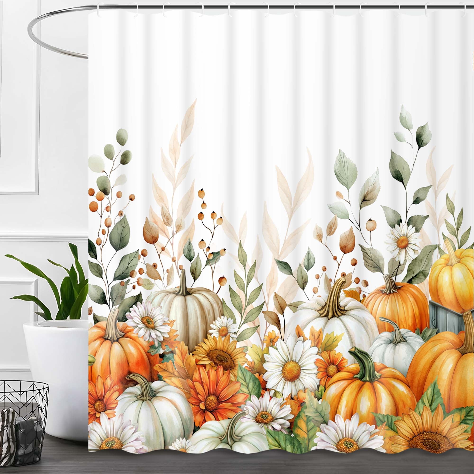 Ikfashoni Fall Shower Curtain with Hooks, Fall Decor for Home, Buffalo Plaid Pumpkin Waterproof Bathroom Curtains, 72"X72"