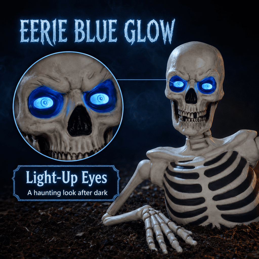 Ground Breaking Skeleton with LCD Glowing Eyes, Animated Halloween Prop Decoration, Spooky Yard Ornament for Lawn, Garden, Haunted House & Holiday Display, White