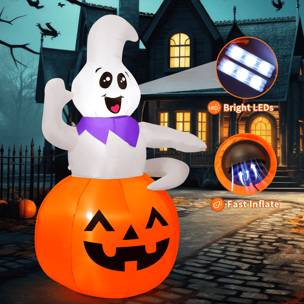 GOOSH Halloween Inflatable 5 FT Pumpkin Ghost Inflatable, Cute Ghost Pumpkin Inflatable Halloween Blow Up Decorations with LED Lights, Outdoor Halloween Decorations Clearance for Halloween/Holiday