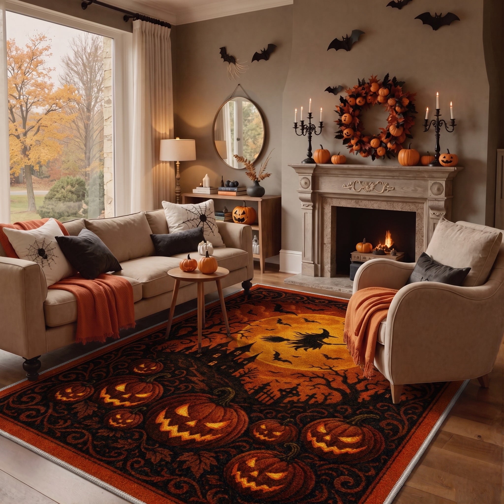 GENIMO 2'x7' Halloween Runner Rug, Washable Non Slip Soft Gothic Raven Indoor Outdoor Hallway Runner for Porch Patio Kitchen Entryway, Rust Orange
