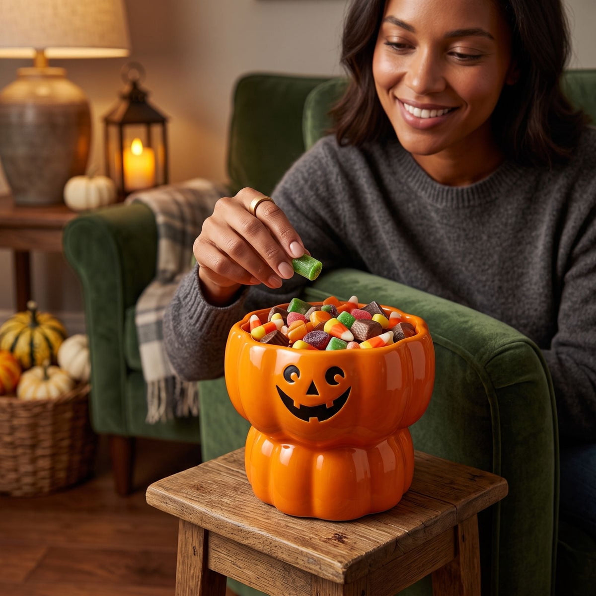 Diceymbol Halloween Pumpkin Snack Bowl Stand Collapsible Broomstick Candy Tray for Cupcakes & Desserts, Resin Serving Platter with Ceramic Pumpkin Bowls