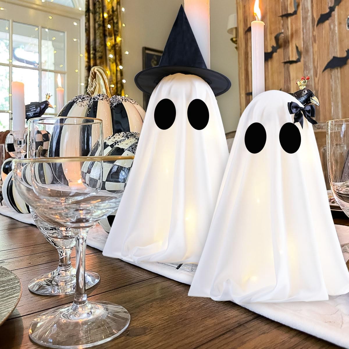 TETOU 2pcs Halloween Scary White Ghost Decor , Light Up DIY Scary White Ghost with Timer for Halloween Indoor Home Tabletop Mantel Decorations