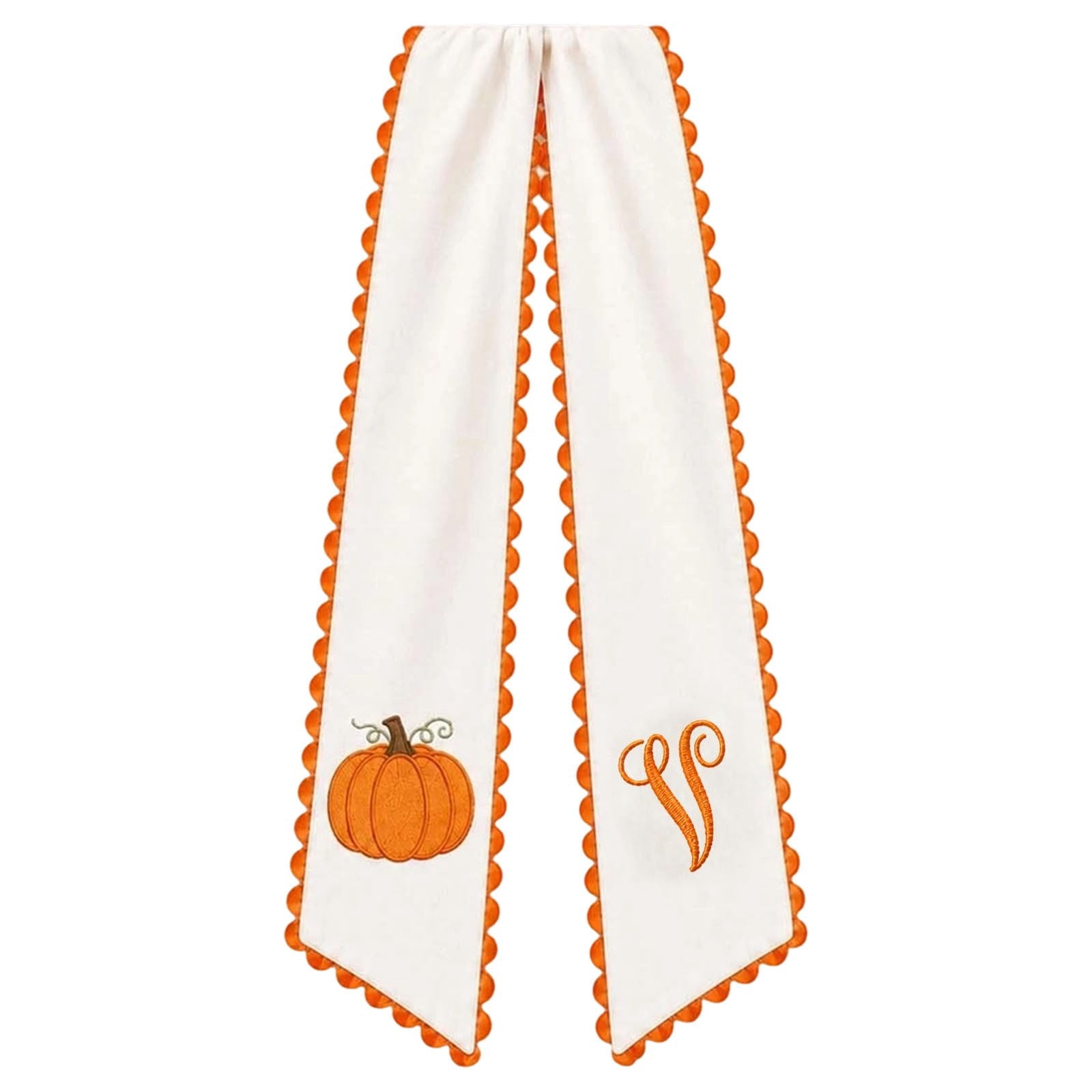 Pumpkin Embroidered Wreath Sash, 50 x 5 inch Orange Scalloped Lettered Ribbon for Halloween, Thanksgiving, Front Door, Seasonal Garland and Fall Home Decor, I