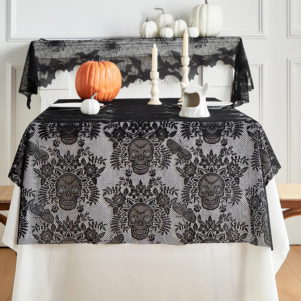 Halloween Lace Tablecloth 86.61x39.37" - Reusable Skull Print Gothic Party Table Cover for /Dinner Decor