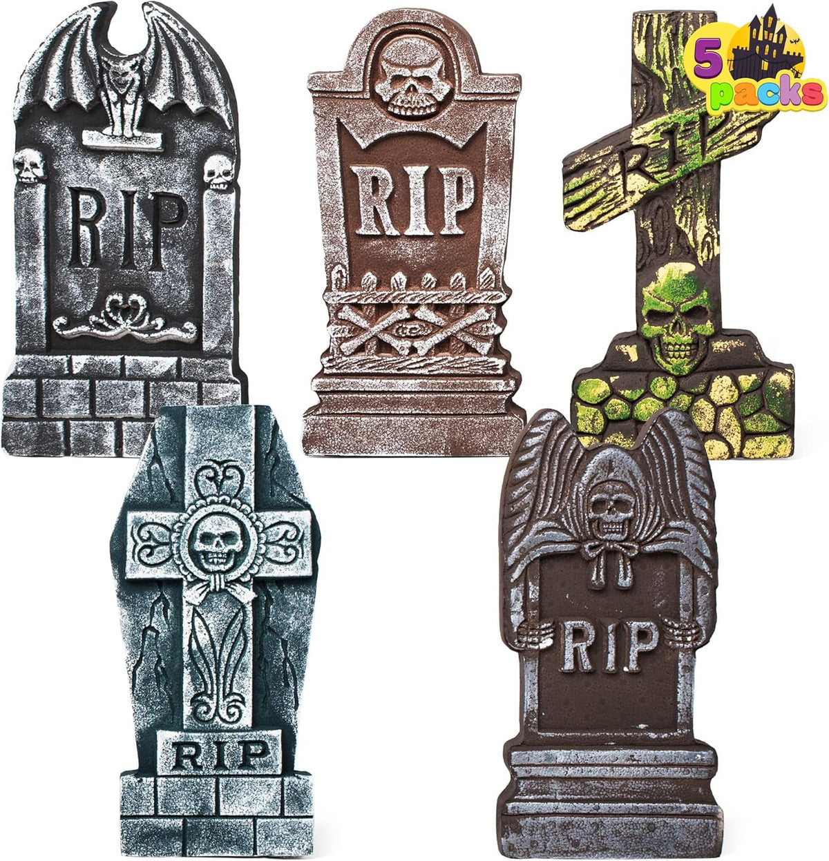 Joyfy 17" Halloween 5 Pack Tombstone Decorations, Foam RIP Graveyard Signs Cemetery Headstones Scary Outdoor Indoor Halloween Decor with 12 Metal Stakes for Easy Set Up, Waterproof for Garden Lawn