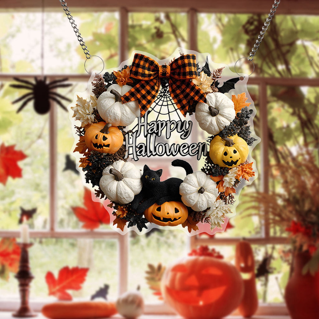Btomtd Diameter 8" Pumpkin Skull Wreath Halloween Decor Acrylic Round Disk Hanging Ornament with Garland for Front Door Window, A