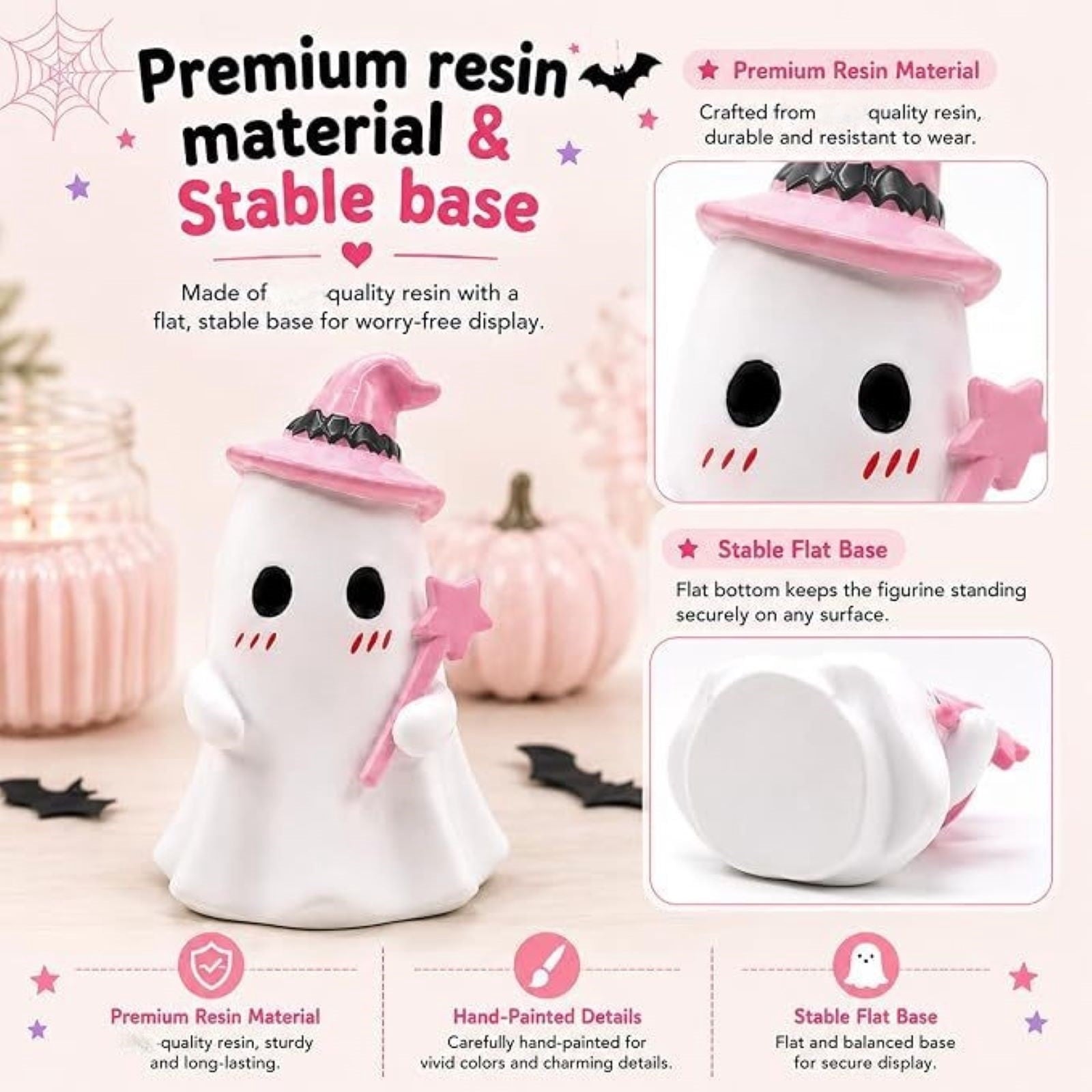 Pink Halloween Decor Ghost Candy Bowl Figurine with Bow and Scalloped Holder for Indoor Tabletop Decor and Party Favor Display