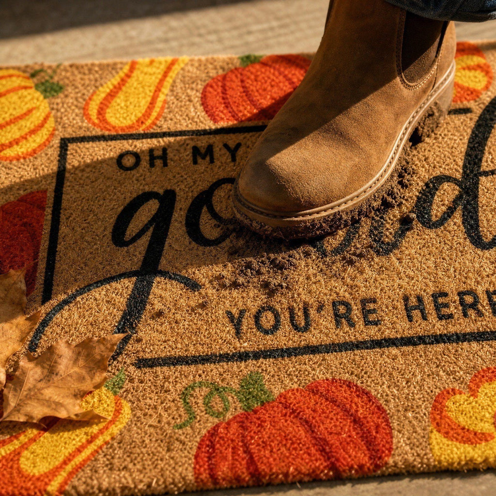 Fall Pumpkin Coir Doormat, Oh My Gourd Anti-Slip Front Door Mat Vintage Harvest Thanksgiving Halloween Entryway Floor Rug
