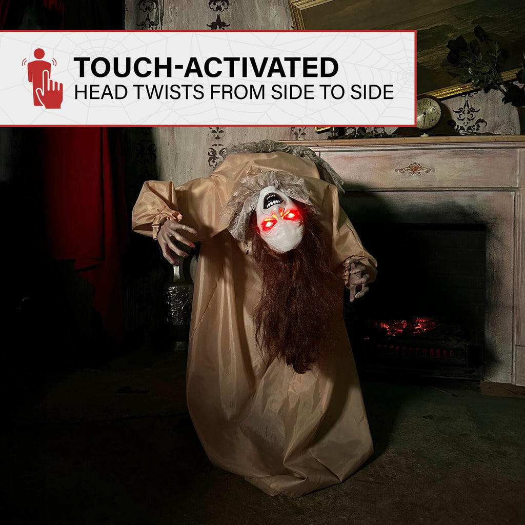 Haunted Hill Farm 3.4 ft Touch-Activated Animated Possessed Backbend Lady Halloween Animatronic, HHLADY-15FLSA
