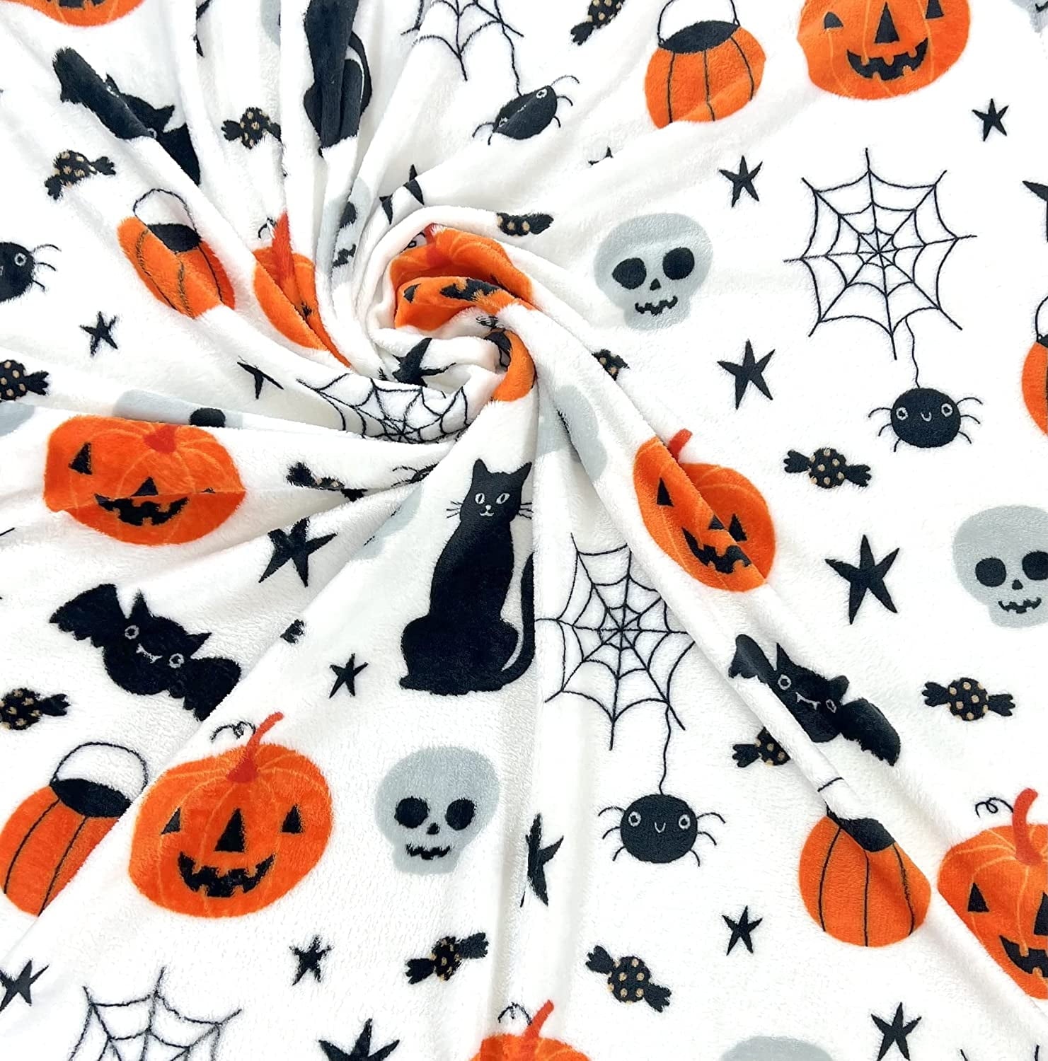Serafina Home Halloween Throw Blanket: Fuzzy Boo! Jack O'Lantern Spider Webs Skull and Black Cats Print on Velvet Fleece for Sofa Bed Couch Chair Dorm