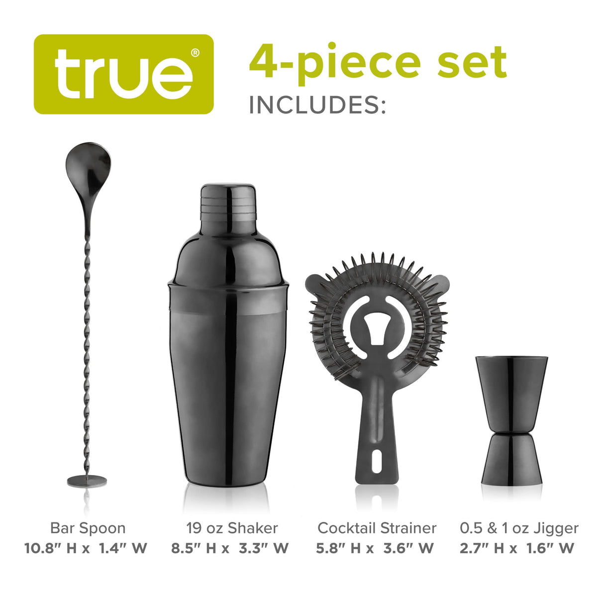 True 4 Piece Black Stainless Steel Barware Set - Cocktail Shaker & Accessories