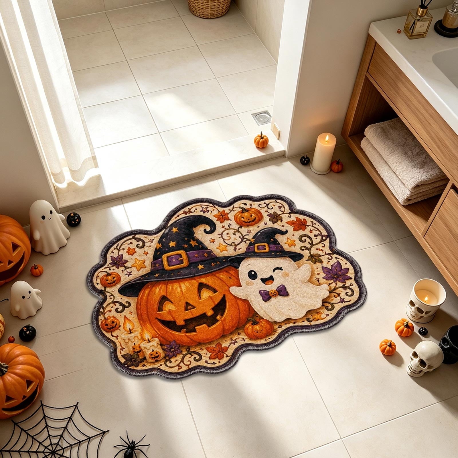 Halloween Doormat Ghost Bath Mat 23.6x15.7in Secure-Grip Absorbent Soft Faux Fur Rug for Bathroom Bedroom Living Room Decor by OVFUIZ