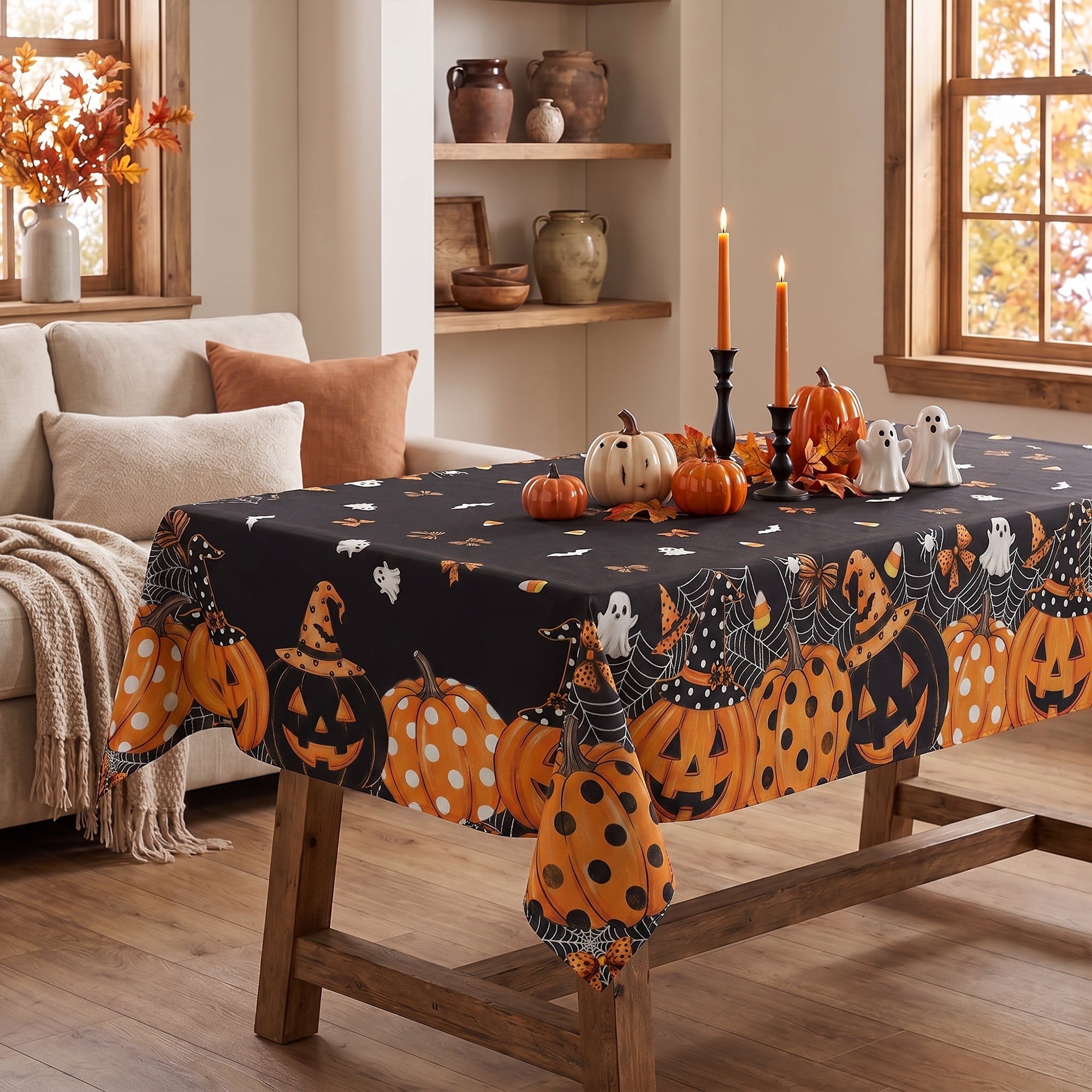 Sm:)e Spooky Ghost Pumpkin Spider Web Halloween Tablecloth 60x84 Inch, Wrinkle-Resistant & Machine Washable Table Cover for Dining Decor, Rectangle